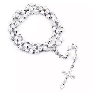 White Beaded Rosary With Silver Crosses Embellishment